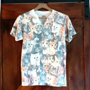 IML Unisex All Over Graphic Print Cats Tee Shirt Size Small Cat Lady Cat Daddy